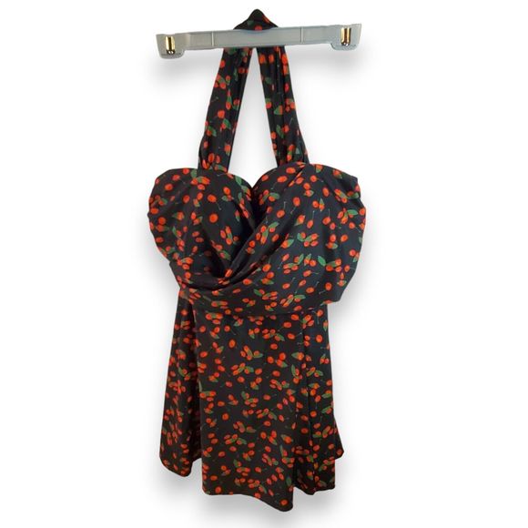 Retro Cherry Pattern Plus Size Swimdress 2X - Molded Cup, Skirted One-Piece - Picture 7 of 12